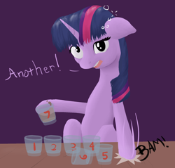 Size: 1280x1226 | Tagged: safe, artist:fimflamfilosophy, imported from derpibooru, twilight sparkle, pony, drinking, drunk, drunk twilight, female, purple background, simple background, solo