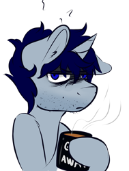 Size: 1280x1693 | Tagged: safe, artist:wickedsilly, imported from derpibooru, oc, oc only, oc:sleepy head, pony, unicorn, coffee, cup, grumpy, looking at you, male, simple background, solo, stallion, tired, white background