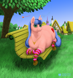 Size: 1125x1202 | Tagged: safe, artist:soobel, imported from derpibooru, oc, oc only, oc:cloudie brilliant, pony, unicorn, bench, chubby, fat, looking at you, ponyville, sitting