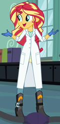 Size: 312x646 | Tagged: safe, imported from derpibooru, screencap, sunset shimmer, equestria girls, friendship games, the science of magic, cropped, female, gloves, lab coat, rubber gloves, solo, sunset the science gal