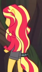 Size: 193x329 | Tagged: safe, imported from derpibooru, screencap, sunset shimmer, equestria girls, legend of everfree, camp everfree outfits, clothes, cropped, female, ponied up, pony ears, ponytail, rear view, shorts, solo