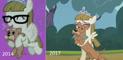 Size: 822x404 | Tagged: safe, imported from derpibooru, screencap, ripley, zippoorwhill, dog, pony, filli vanilli, forever filly, age progression, comparison, continuity