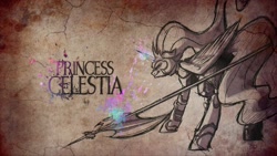 Size: 1280x720 | Tagged: safe, artist:ipoloarts, imported from derpibooru, princess celestia, alicorn, pony, armor, female, glowing horn, limited palette, mare, serious, serious face, solo, warrior celestia, weapon