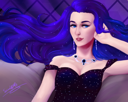 Size: 2500x2000 | Tagged: safe, artist:lerathescarletfox, imported from derpibooru, princess luna, human, armpits, clothes, couch, dress, female, humanized, jewelry, necklace, solo