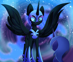 Size: 1409x1200 | Tagged: safe, artist:blazemizu, imported from derpibooru, nightmare moon, princess luna, alicorn, pony, chest fluff, duality, frown, s1 luna, spread wings, stare, wings