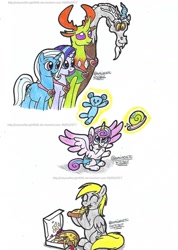 Size: 1024x1440 | Tagged: safe, artist:artistnjc, imported from derpibooru, derpy hooves, discord, princess flurry heart, starlight glimmer, thorax, trixie, whammy, alicorn, changedling, changeling, draconequus, pegasus, pony, a flurry of emotions, celestial advice, rock solid friendship, eating, eyes closed, female, food, king thorax, magic, mare, nose wrinkle, pizza, pizza box, reformed four, simple background, smiling, teddy bear, telekinesis, toy, traditional art