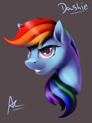 Size: 1024x1365 | Tagged: safe, artist:ac-whiteraven, imported from derpibooru, rainbow dash, pegasus, pony, bust, female, grin, mare, portrait, simple background, smiling, solo