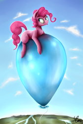 Size: 2691x4000 | Tagged: safe, artist:quefortia, imported from derpibooru, pinkie pie, pony, balloon, cloud, female, floating, looking back, mare, sky, solo, tongue out