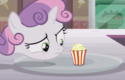 Size: 691x446 | Tagged: safe, edit, edited screencap, imported from derpibooru, screencap, sweetie belle, pony, forever filly, exploitable meme, female, food, meme, popcorn, solo, sweetie's plate