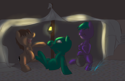 Size: 2600x1673 | Tagged: safe, artist:gift, imported from derpibooru, oc, oc only, oc:living dead, oc:nighthook, oc:spirit wind, earth pony, pegasus, pony, zombie, blanket fort, boop, eating, laughing, silly