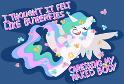 Size: 1235x839 | Tagged: safe, artist:threetwotwo32232, imported from derpibooru, princess celestia, alicorn, butterfly, pony, two best sisters play, female, mare, missing accessory, patlestia, solo, two best friends play