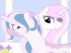 Size: 2048x1536 | Tagged: safe, artist:kindheart525, imported from derpibooru, fleur-de-lis, oc, oc:primrose, pony, unicorn, kindverse, looking at each other, mother and daughter, offspring, parent:fancypants, parent:fleur-de-lis, parents:fancyfleur, vitiligo