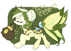 Size: 2158x1564 | Tagged: safe, artist:nuryndork, imported from derpibooru, oc, oc only, oc:lucky coins, original species, bag, coin, mouth hold, solo