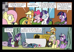 Size: 3477x2446 | Tagged: safe, artist:bobthedalek, imported from derpibooru, applejack, fluttershy, maud pie, pinkie pie, rarity, starlight glimmer, twilight sparkle, alicorn, pony, fluttershy leans in, rock solid friendship, arthur dent, bathrobe, bulldozer, clothes, comic, dialogue, ford prefect, hitchhiker's guide to the galaxy, l. prosser, maud's cave, see who rusts first, twilight sparkle (alicorn)