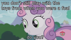 Size: 1280x720 | Tagged: safe, edit, edited screencap, imported from derpibooru, screencap, sweetie belle, pony, forever filly, female, image macro, meme, solo