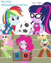 Size: 1274x1550 | Tagged: safe, edit, imported from derpibooru, applejack, fluttershy, pinkie pie, rainbow dash, sci-twi, twilight sparkle, equestria girls, equestria girls (movie), bleachers, boots, bowtie, bracelet, clothes, cowboy boots, cowboy hat, denim skirt, football, glasses, hat, high heel boots, jewelry, ponytail, scoreboard, skirt, socks, stetson, wristband