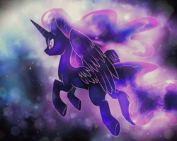 Size: 1005x800 | Tagged: safe, artist:not-ordinary-pony, imported from derpibooru, tantabus, alicorn, pony, color porn, female, flying, galaxy mane, mare, rear view, solo