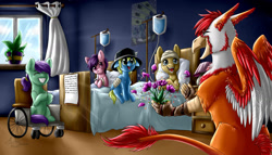 Size: 1600x914 | Tagged: safe, artist:alexispaint, imported from derpibooru, oc, oc only, oc:poker fate, griffon, bed, cute, female, filly, flower, happy, hospital, hospital bed, magic trick, wheelchair