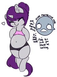 Size: 1280x1726 | Tagged: safe, artist:wickedsilly, imported from derpibooru, oc, oc only, oc:sleepy head, oc:wicked silly, pony, unicorn, bipedal, clothes, couple, cute, dialogue, female, heart, male, mare, oc x oc, overprotective, ponysona, pregnant, sensibly-proportioned pregnancy, shipping, simple background, smiling, stallion, straight, white background, wickedsleepy, worried