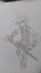 Size: 1152x2048 | Tagged: safe, imported from derpibooru, applejack, equestria girls, female, final fantasy, monochrome, pencil drawing, shield, solo, sword, traditional art, weapon