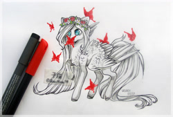 Size: 3212x2172 | Tagged: safe, artist:usagimoon98, imported from derpibooru, fluttershy, butterfly, pony, cross-eyed, female, floral head wreath, flower, looking at something, monochrome, no pupils, partial color, raised hoof, solo, spread wings, standing, traditional art, wings