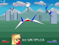 Size: 3300x2480 | Tagged: safe, artist:nuka-kitty, imported from derpibooru, applejack, pony, apple, arwing, buy some apples, nintendo, star fox, super nintendo, that pony sure does love apples