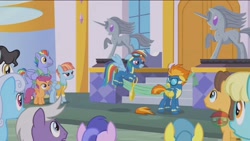 Size: 1920x1080 | Tagged: safe, imported from derpibooru, screencap, bow hothoof, caramel, lemon hearts, mercury, rainbow dash, sassaflash, scootaloo, sea swirl, shoeshine, silver script, spitfire, starry eyes (character), windy whistles, pony, parental glideance, angry, background pony, rainbow dash's parents, scissors, tail, windyhoof