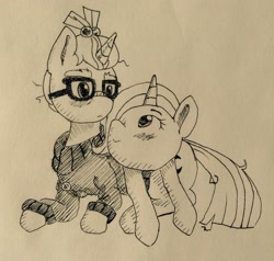 Size: 1756x1671 | Tagged: artist needed, safe, imported from derpibooru, moondancer, trixie, pony, unicorn, blushing, clothes, female, glasses, lesbian, looking at each other, mare, monochrome, shipping, sweater, traditional art, trickdancer