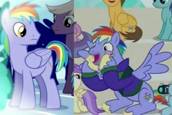Size: 1499x1001 | Tagged: safe, edit, imported from derpibooru, screencap, bow hothoof, rainbow blaze, pegasus, pony, games ponies play, parental glideance, background pony, backwards cutie mark, brothers, camera, clothes, comparison, cropped, excited, female, filly, implied siblings, male, mare, open mouth, siblings, slowpoke, stallion, sweater, unshorn fetlocks