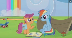 Size: 1239x647 | Tagged: safe, imported from derpibooru, screencap, rainbow dash, scootaloo, pony, parental glideance, book, rainbow, saddle bag, scooter, scrapbook