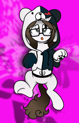 Size: 2100x3252 | Tagged: safe, artist:kutt172, artist:nxzc88, imported from derpibooru, oc, oc only, oc:pyrisa miracles, pony, unicorn, :p, abstract background, clothes, cosplay, costume, cute, danganronpa, female, glasses, gloves, high res, hoodie, mare, mlem, monokuma, on back, paw pads, paws, solo, tongue out, vector