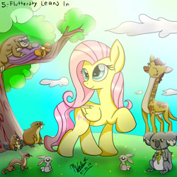 Size: 3000x3000 | Tagged: safe, artist:viejillox64art, imported from derpibooru, clementine, fluttershy, beaver, giraffe, koala, otter, pegasus, pony, rabbit, sloth, fluttershy leans in, animal, female, mare, raised hoof
