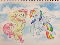 Size: 1024x768 | Tagged: safe, artist:grokostimpy, imported from derpibooru, fluttershy, rainbow dash, pegasus, pony, cloud, colored pupils, duo, female, flutterdash, lesbian, looking at each other, mare, notebook, shipping, sky, smiling, traditional art