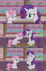 Size: 1920x2971 | Tagged: safe, edit, edited screencap, imported from derpibooru, screencap, rarity, sweetie belle, pony, unicorn, forever filly, cutie mark, dialogue, estrus, eye contact, female, filly, frown, gasp, horny, looking at each other, mare, open mouth, raised eyebrow, screencap comic, shocked, shocked expression, sitting, smiling, stool, text, the cmc's cutie marks, treehouse logo, underhoof, wide eyes