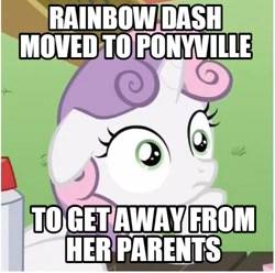 Size: 505x500 | Tagged: safe, edit, edited screencap, imported from derpibooru, screencap, sweetie belle, pony, parental glideance, exploitable meme, female, image macro, meme, solo, sudden clarity sweetie belle