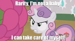 Size: 844x462 | Tagged: safe, edit, edited screencap, imported from derpibooru, screencap, rarity, sweetie belle, pony, forever filly, angry, caption, deja vu, flowerity, image macro, not a baby, not a foal, text