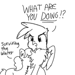 Size: 1280x1280 | Tagged: safe, artist:tjpones, imported from derpibooru, gilda, griffon, pony, black and white, chest fluff, dialogue, grayscale, monochrome, simple background, white background