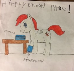 Size: 467x447 | Tagged: safe, artist:tophxomi, imported from derpibooru, oc, oc only, oc:phoe, pegasus, pony, arm cannon, birthday, birthday cake, birthday gift, cake, cannon, food, mega man (series), megaman, solo, table, traditional art