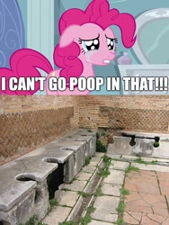 Size: 768x1024 | Tagged: safe, imported from derpibooru, pinkie pie, pony, ancient rome, image macro, meme, poop, roman, roman toilet, rome, toilet