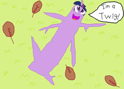Size: 1100x790 | Tagged: safe, artist:rdibp, derpibooru exclusive, imported from derpibooru, twilight sparkle, alicorn, original species, pony, 1000 hours in ms paint, female, grass, leaves, looking at you, mare, ms paint, open mouth, smiling, solo, twig, twig pony, twilight sparkle (alicorn), wat