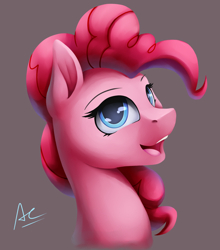 Size: 1024x1161 | Tagged: safe, artist:ac-whiteraven, imported from derpibooru, pinkie pie, earth pony, pony, colored pupils, female, looking at you, mare, open mouth, signature, simple background, smiling, solo