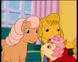 Size: 400x320 | Tagged: safe, imported from derpibooru, screencap, patch (g1), my little pony tales, princess problems, adopted, alternate hairstyle, animated, cloak, clothes, couch, crying, dressup, feels, female, g1, gif, hug, indoors, jewelry, looking at each other, necktie, parting, patch's father, patch's mother, patch's parents, tiara, worried