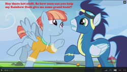 Size: 1600x900 | Tagged: safe, edit, edited screencap, imported from derpibooru, screencap, soarin', windy whistles, pegasus, pony, parental glideance, clothes, female, implied shipping, implied soarindash, implied straight, male, mare, raised hoof, shipper on deck, stallion, subtle as a train wreck, that pony sure does want grandfoals, uniform, windy the shipper, wonderbolts uniform