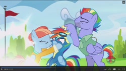 Size: 1600x900 | Tagged: safe, imported from derpibooru, screencap, bow hothoof, rainbow dash, windy whistles, pony, parental glideance, father and child, father and daughter, female, husband and wife, male, mother and child, mother and daughter, noogie, rainbow dash's parents, squishy cheeks, windyhoof