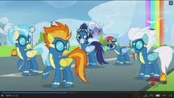 Size: 1600x900 | Tagged: safe, imported from derpibooru, screencap, fleetfoot, misty fly, rainbow dash, soarin', spitfire, pony, parental glideance, clothes, runway, uniform, wonderbolts, wonderbolts uniform