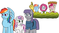 Size: 1280x720 | Tagged: safe, artist:mkogwheel, imported from derpibooru, maud pie, pinkie pie, rainbow dash, rarity, sweetie belle, windy whistles, pony, forever filly, parental glideance, rock solid friendship, embarrassed, flowerity, foam finger, pizza head, simple background, white background