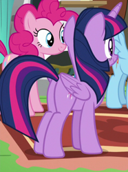 Size: 360x485 | Tagged: safe, imported from derpibooru, screencap, pinkie pie, rainbow dash, twilight sparkle, alicorn, pony, fluttershy leans in, butt, cropped, female, mare, plot, twilight sparkle (alicorn)