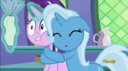 Size: 600x337 | Tagged: safe, imported from derpibooru, screencap, starlight glimmer, trixie, pony, all bottled up, animated, female, floppy ears, gif, hug, icing bag