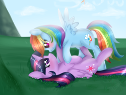 Size: 2000x1517 | Tagged: safe, artist:sugguk, imported from derpibooru, rainbow dash, twilight sparkle, alicorn, pony, backwards cutie mark, blushing, female, grass, lesbian, mare, on back, shipping, twidash, twilight sparkle (alicorn)