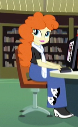 Size: 155x250 | Tagged: safe, imported from derpibooru, screencap, golden hazel, equestria girls, friendship games, bookshelf, clothes, computer, cropped, female, library, long skirt, scarf, sitting, skirt, solo
